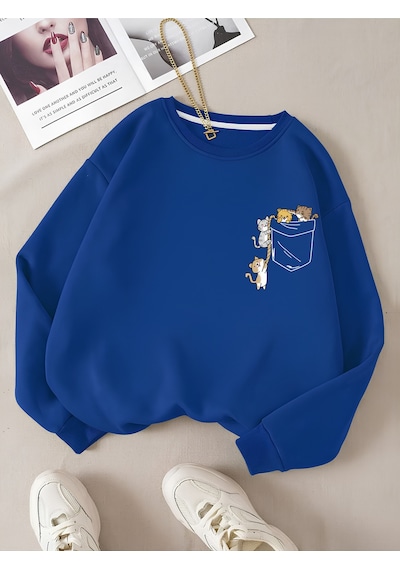 Startmore Mavi Kadın Renkli Cat Özel Göğüs Baskılı Oversize Bisiklet Yaka