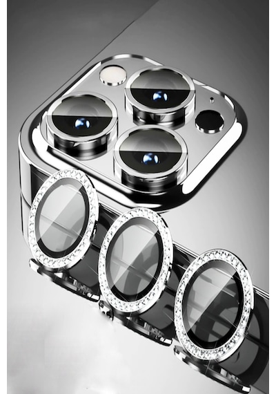 Apple Uyumlu iPhone 14 Pro Max Taşlı Tasarım Cam Kamera Lens Koruyucu - Gümüş