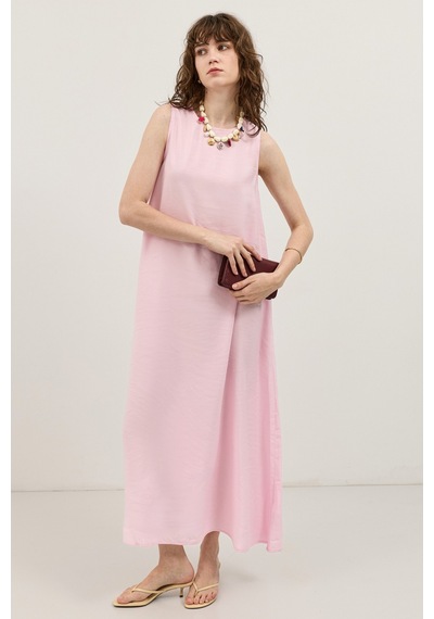 Antioch Dökümlü Halter Yaka Midi Elbise Pembe