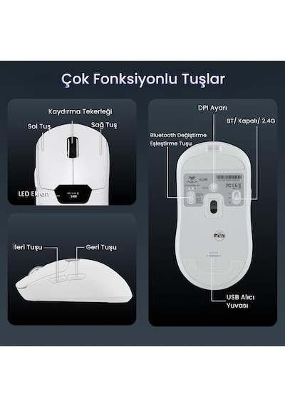 Aula Sc390 Paw3311 Sensör 20000 Dpı 1000hz Kablolu Ve Kablosuz Gaming Oyuncu Mouse Beyaz Sc390
