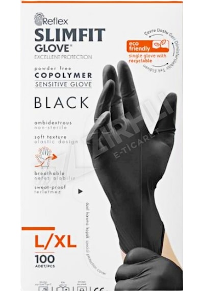 3 Adet Reflex Slimfit Siyah Pudrasız Muayene Eldiveni L-xl