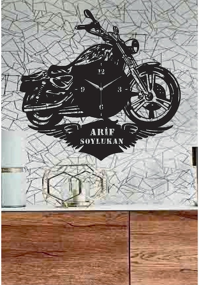 Kişiye Özel Isimli Harley Davidson Temalı Ahşap Duvar Saati Siyah