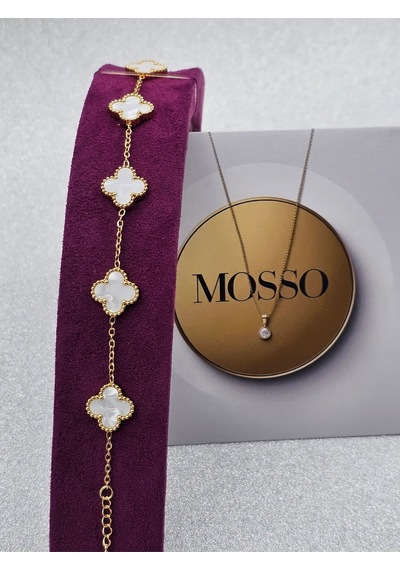 Gold Beyaz Sedefli Renk Çelik Bileklik Yoncalı Model Beyaz