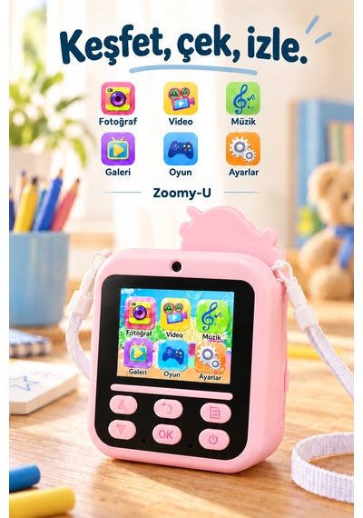 Kj/zm-004 Zoomy-u Unicorn Figürlü Anında Baskılı Çocuk Fotoğraf Makinesi, Çift Kamera, 2,4 İnç Ekran, 1080p Video, 3+ Yaş Pembe