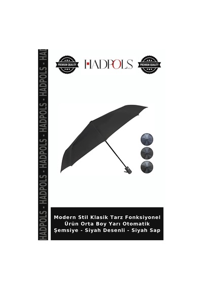 Hadpols Modern Stil Klasik Tarz Fonksiyonel Ürün Orta Boy Yarı Otomatik Şemsiye - Siyah Desenli - Siyah Sap