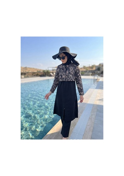 Maşuka Paraşüt Kumaş Dijital Baskı Desenli Uzun Şık Kadın Tam Tesettür Mayo 3'lü Set Pantolon,üst,bone Siyah - Desenli Siyah - Desenli Maşuka Paraşüt Kumaş Dijital Baskı Desenli Uzun Şık Kadın Tam Tesettür Mayo 3'lü Set Pantolon,üst,bone Siyah - Desenli Siyah - Desenli