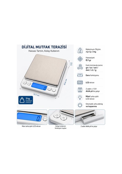 Tr Dijital Mutfak Terazisi 3 Kg, 0.1 Gr Hassas Tartım, Paslanmaz Çelik Yüzeyli, Lcd Ekranlı, Dara Fonksiyonlu Hassas Diğer