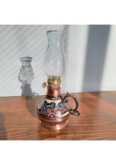 Gül Çiçek Orta İşlemeli Bakır Gaz Lambası Bakır