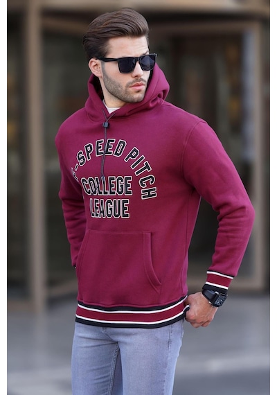 Madmext Bordo Kapüşonlu Cep Detaylı Baskılı Erkek Sweatshirt 7068 Bordo