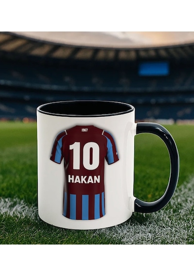 Bk Gift Kişiye Özel Bordo Mavi Taraftar Forma Numarası Ve İsim Tasarımlı Baskılı Siyah Kupa Bardak, Taraftar Hediyesi