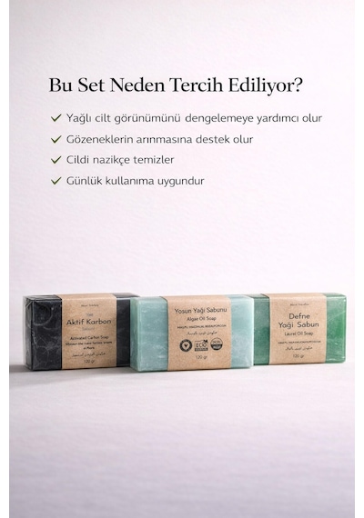 Derin Arındırıcı Ve Gözenek Sıkılaştırıcı Doğal  3 Lü Doğal Sabun Seti Defne