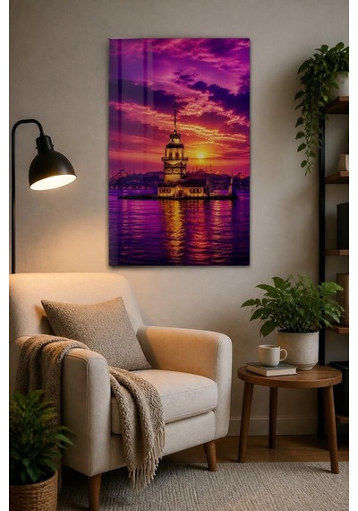 Kız Kulesi Gün Batımı Baskılı Cam Tablo İstanbul Manzaralı Uv Baskı Duvar Tablosu