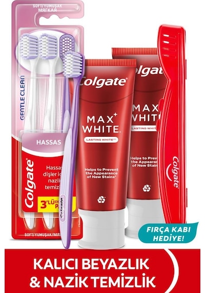 Max White Kalıcı Beyazlık 75 Ml 2li Diş Macunu, Gentle Clean 2+1 Diş Fırçası + Diş Fırçası Kabı