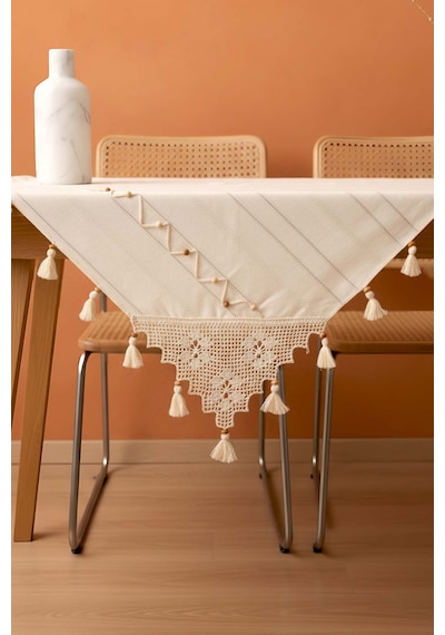 Boncuk Detaylı Güpürlü Kare Runner 90x90 Cm Krem