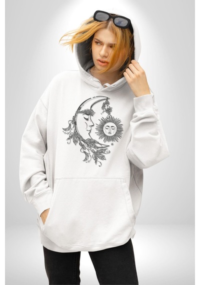 Ay Güneş Astroloji Aşk Estetik Kadın Erkek Beyaz Kapüşonlu Sweatshirt Hoodie Beyaz