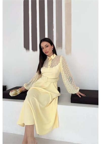 Neşeli Butik Kadın Sarı Gömlek Yaka Transparan Üst Detaylı Kemerli Midi Boy Elbise Nbk4581