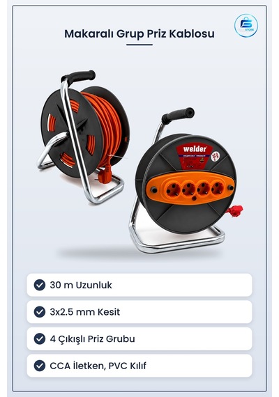 Makaralı Grup Priz Uzatma Kablosu 3x2.5 Mm 30 M Cca İletken Pvc K