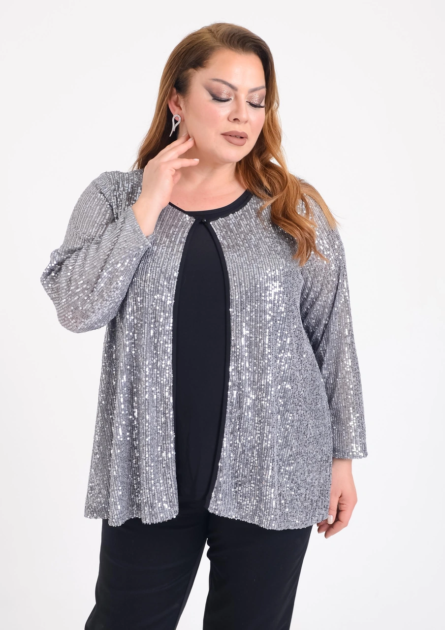Lilas Xxl Büyük Beden Gümüş Renkli Pul Payetli İkili Takım Abiye Bluz Gümüş