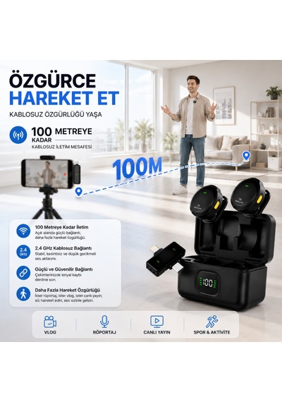 Coofbe Dijital Şarj Göstergeli 2'li 2.4 Ghz Kablosuz Yaka Mikrofonu, Apple Uyumlu iPhone Android Uyumlu, 20 Hz 20 Khz
