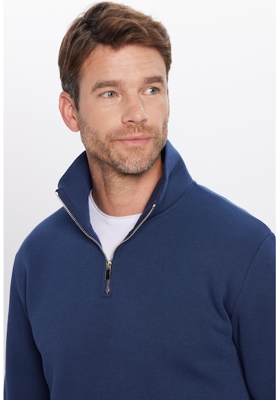 Tudors Unisex Relax Fit Rahat Kesim Pamuklu İçi Polarlı Yarım Fermuarlı Lacivert Dik Yaka Sweatshirt-31450 Lacivert
