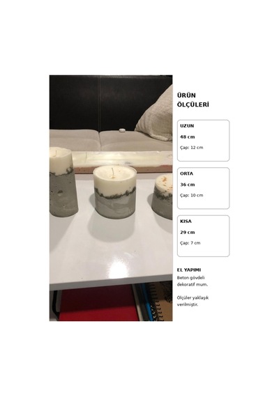 El Yapımı Beton Dekoratif Mum Seti 3 Lü Farklı Boyut Seçenekli Dekoratif Mum Beyaz