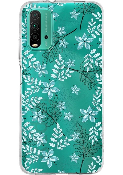 Xiaomi Poco M3 Uyumlu Kapak Floral Su Yeşili Tasarımlı Şeffaf Silikon Kılıf