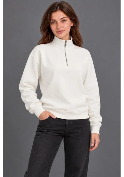 Üç İplik İçi Şardonlu Dik Yaka Yarım Fermuarlı Kışlık Sweatshirt - Beyaz