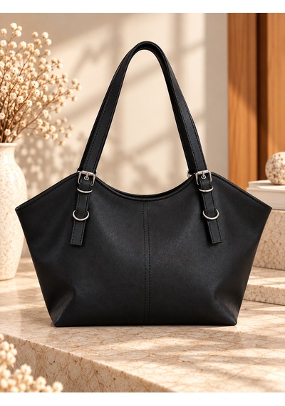 Elpida Bags Kadın Kemerli Suni Deri & Geniş Hacimli Omuz Çantası Siyah