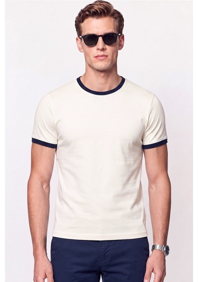 Efor Slim Fit Bisiklet Yaka Ekru - Lacivert Tişört Ts 932 Ekru-lacivert