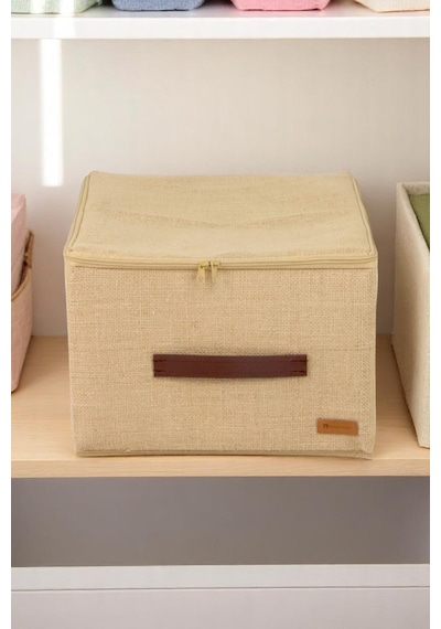 4'lü Orta Boy Koltuk Baza Yatak Altı Uyumlu Gerçek Jüt Kumaşlı Kulplu Extra Destekli Hurç Organizer Set Kahverengi