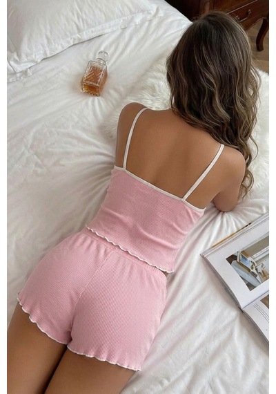 Bella Notte Pembe Dantel Detaylı Fiyonk Detaylı Askılı Şortlu Pijama