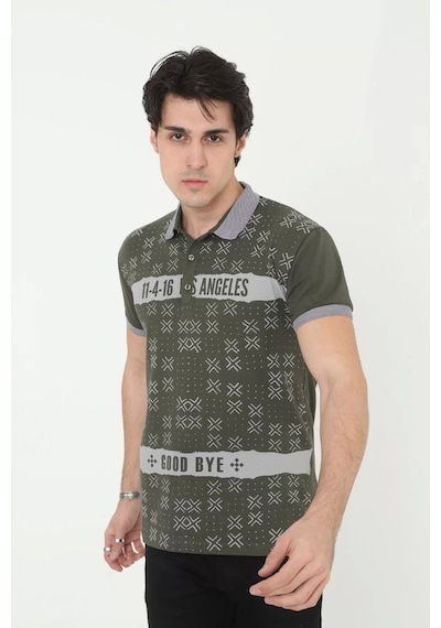 Erkek Yakalı Slim Fit Baskılı T-shirt - Haki Haki