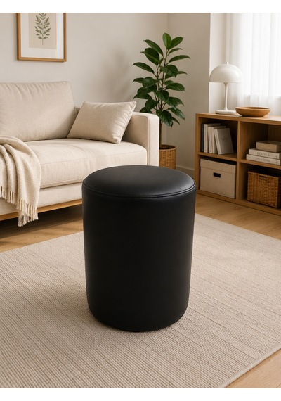 Siyah Deri Puf 40x45 Cm Silindir Tasarım Dekoratif Oturma Pufu Salon Yatak Odası Antre