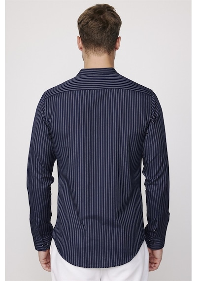 Tudors Slim Fit Hakim Yaka Pamuklu Kolay Ütü Çizgili Lacivert Erkek Gömlek-27734-lacivert Lacivert