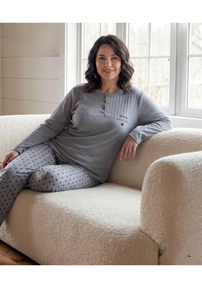 Lana Kadın Battal Pamuk Likralı Raporlu İnterlok Kışlık Pijama Takımı 245/25 - 1 Adet Gri