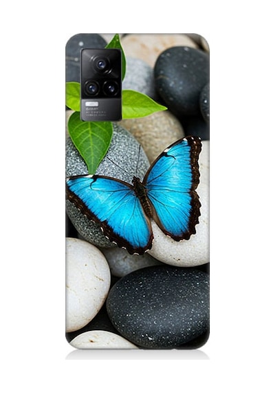 Vivo V21e Uyumlu Mavilikte Taş Üzerinde Kelebek Desenli Silikon Kılıf Çok Renkli
