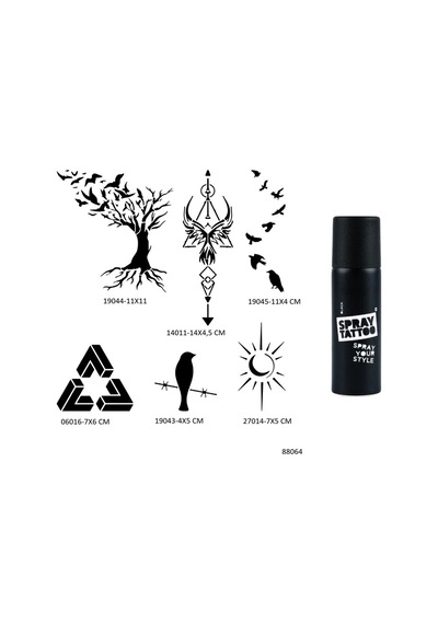 Airbrush Tattoo Hayat Ağacı + Kuşlar  Şablon + Siyah Sprey Geçici Dövme Seti 6'lı