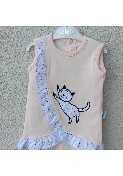Elci Baby 3-9 Ay Kız Bebek Badi Kedili Fırfırlı Bandanalı Somon Çok Renkli