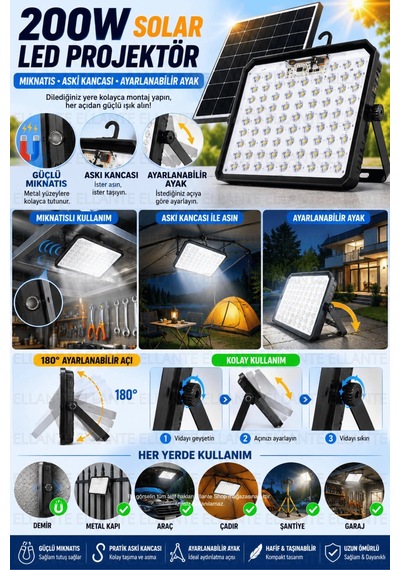200w Solar Led Projektör Usb Şarjlı Powerbank Özellikli Güneş Enerjili Taşınabilir Kamp Bahçe Garaj