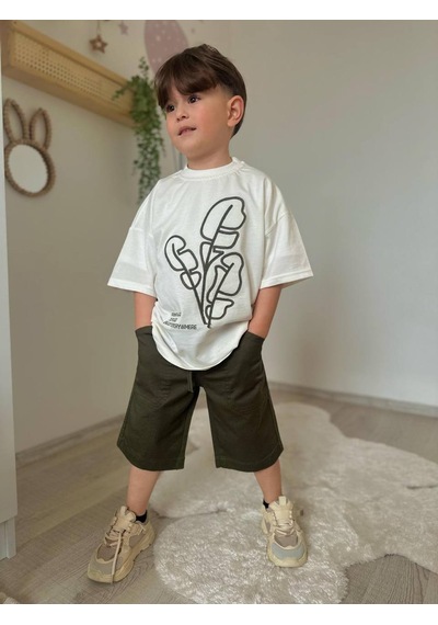 Miniko Kids Erkek Çocuk Keten Şortlu Cep Modelli Pamuk Şortlu Takım Yeşil