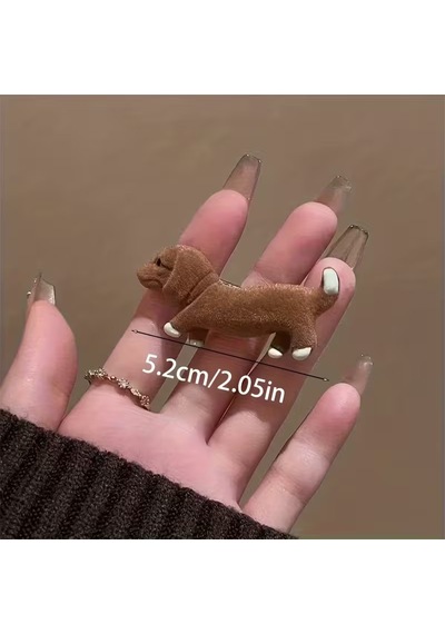 Kawaii Tarzı Dachshund Köpek Figürlü, Yumuşak Peluş Dokulu İkili Yan Maşa Toka Kahve