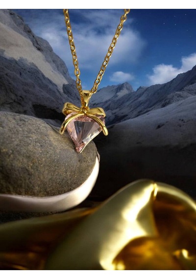 Pembe Kristal Kalpli Kadın Kolye Zirkon Taş Detaylı, Paslanmaz Çelik 55 Cm Zarif Tasarım Çelik