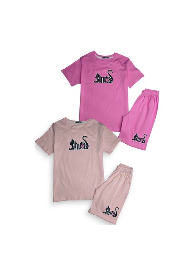 Minik Motion 2'li Set Kısa Kollu Tshirt Ve Şortlu Çocuk Minikmotion Alt Üst Takım Pembe-gül Kurusu