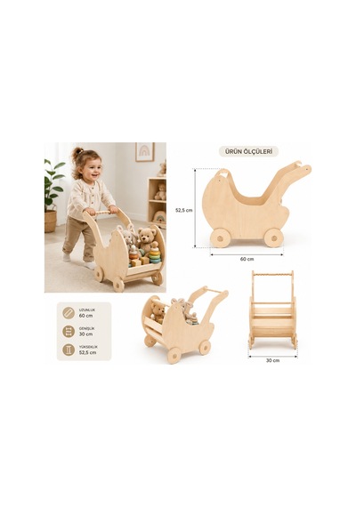 Montessori Ahşap Yürüteç Oyuncak Bebek Arabası İtmeli Çocuk Oyun Arabası