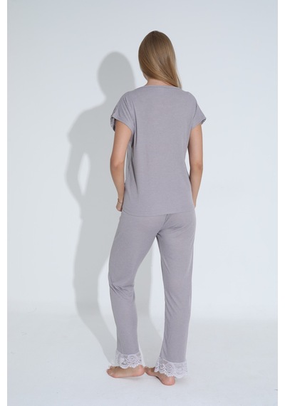Siyah İnci Dantel Detaylı Soft Touch İnce Örme Pijama Takım Koyu Gri