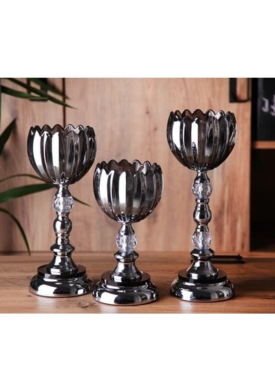 3 Lü Kristal Cam Şamdan, Vazo Antrasit Metal Ayak 4470