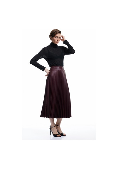Koton Regular Fit Midi Boy Pileli Midi Boy Suni Deri Etek Bordo 6wak70037uw Bordo