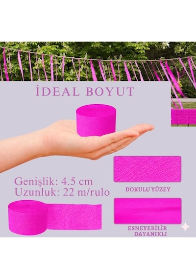 Neon Pembe Şerit Krapon Kağıdı Rulosu, Çiçek Yapım, Parti, El İşi Süsleme Kağıdı, 6 Adet, 4.5cm X 22