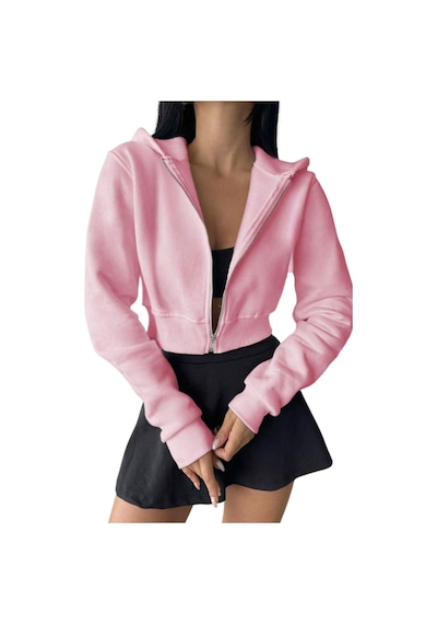 Pembe Kadın Crop Fermuarlı Kapüşonlu Sweatshirt Pembe