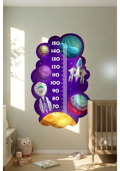 Uzay Mekiği Temalı Dekoratif Çocuk Boy Ölçer Sticker Duvar Cetveli Takip Çizelgesi